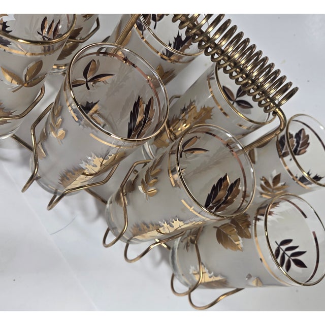 Hollywood Regency Gold Leaf Tumblers and Carrier- Set of Nine For Sale - Image 13 of 18