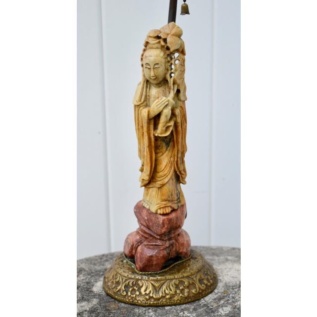 Antique Carved Soapstone Lamp of the Goddess Guanyin on Ornate Brass Base For Sale - Image 11 of 12