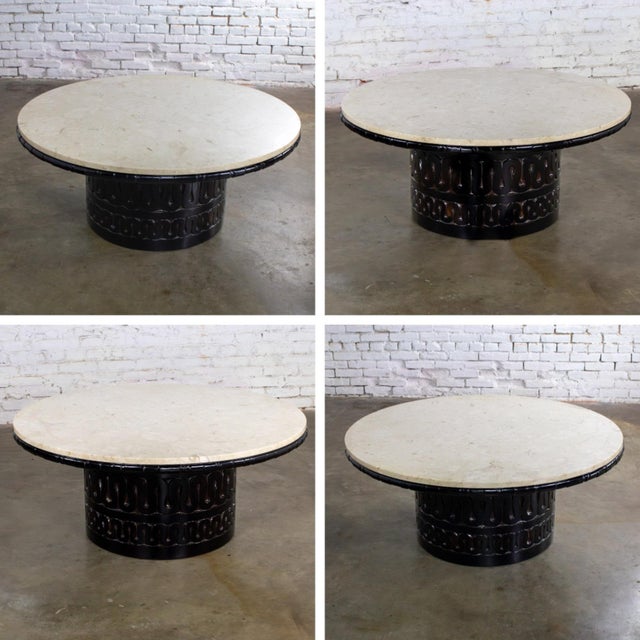 Mid-20th Century Brutalist Heirloom Coffee Table by Weiman Carved Pedestal Base Ivory Marble Top For Sale - Image 12 of 18