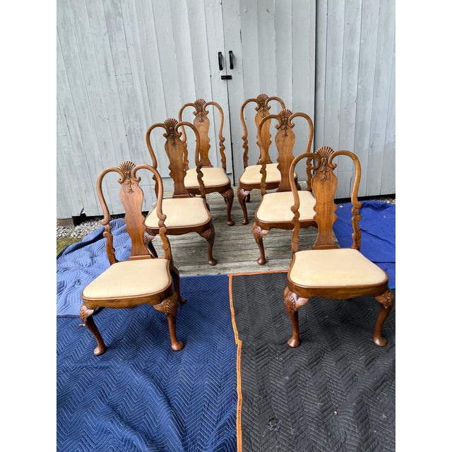 Set of 8 Vintage Queen Anne Dining Chairs With Carved Cabriolet Legs and Splats For Sale - Image 9 of 12