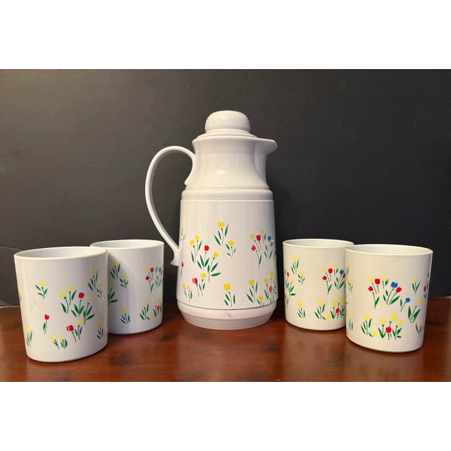 Mid-Century Modern Vintage Phoenix Thermal Serving Set With Tray & 4 Cups, Floral Tulip Carafe, Retro Picnic Beverage Service, 1970s Insulated Coffee Tea Set For Sale - Image 3 of 12