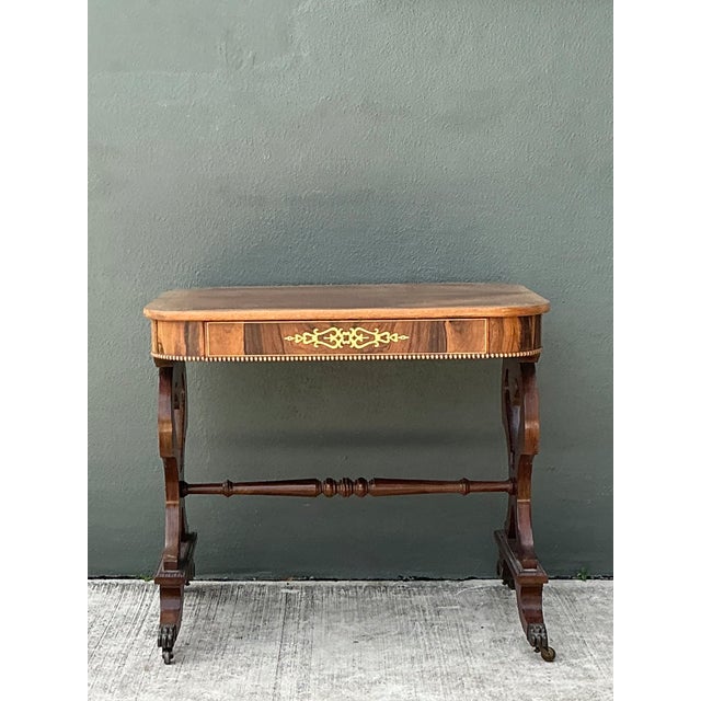 Brown Vintage Wood and Brass Inlaid Side Table For Sale - Image 8 of 12