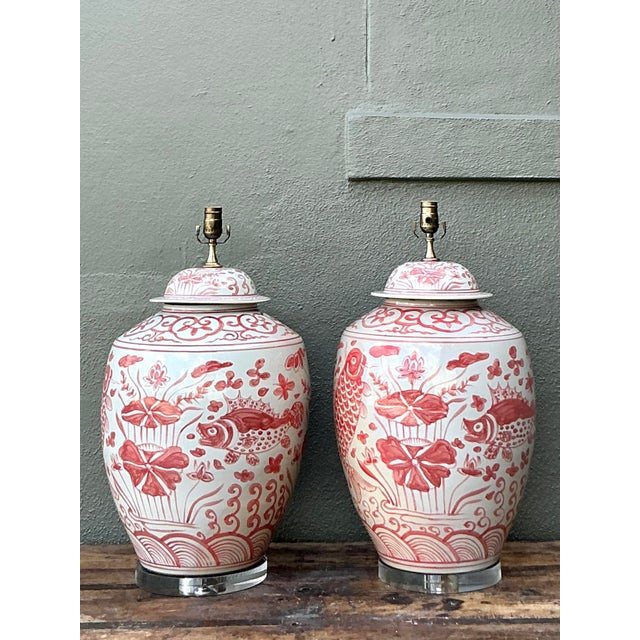 Metal Vintage Boho Glazed Ceramic Fish Lamps - A Pair For Sale - Image 7 of 7