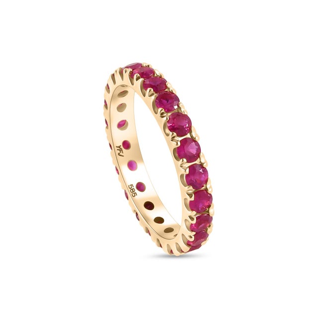 Metal 14k Gold Round Ruby Eternity Band Stacking Ring Size 5.5 For Sale - Image 7 of 12