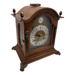 Vintage Tempus Fugit Table Clock in Wooden Case with Brass Details For Sale