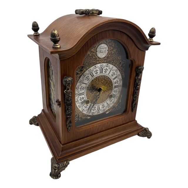 Vintage Tempus Fugit Table Clock in Wooden Case with Brass Details For Sale