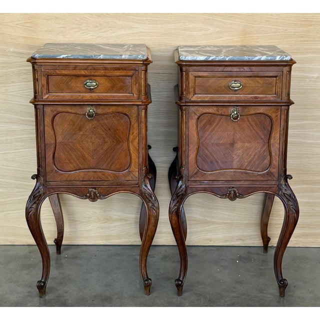 Antique French Mahogany Night Stands or bedside tables with marble top , 1900, A Pair For Sale - Image 9 of 18