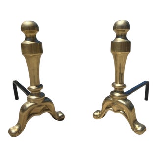 Pair of Vintage Mid Century Modern 1970s Regency Solid Casted Brass Italian Andirons / Chenets Fireplace Log Holder Italy For Sale