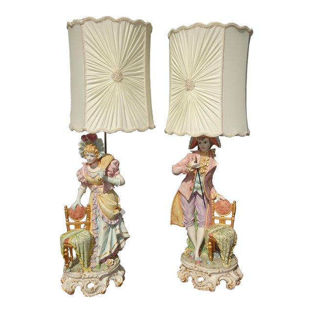 1950s Vintage Porcelain Capodimonte Style Figural Pair Table Lamps ~ Made in Italy For Sale