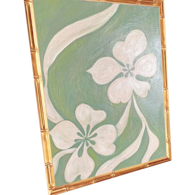 2020s Original Cherry Blossom Painting | Luxe Green Botanical Art | Framed Acrylic on Canvas Gold Bamboo Frame Palm Beach Chinoiserie Decor 13x17 For Sale - Image 5 of 5