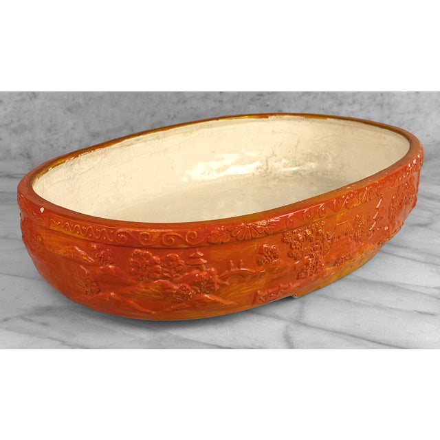Japanese Vintage Large Japanese Ceramic Orange Oval Bonsai Planter For Sale - Image 3 of 13