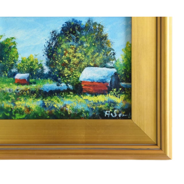 Red cottages impressionist landscape oil painting on artist stretched canvas. Illegible signature lower right. Included...
