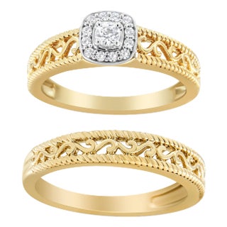 14K Yellow Gold Plated .925 Sterling Silver 1/5 Cttw Diamond Halo and Milgrain Finish Engagement Ring Bridal Set - Size 7 For Sale