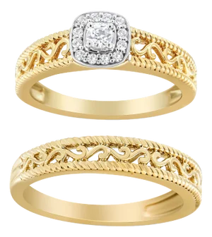 14K Yellow Gold Plated .925 Sterling Silver 1/5 Cttw Diamond Halo and Milgrain Finish Engagement Ring Bridal Set - Size 7