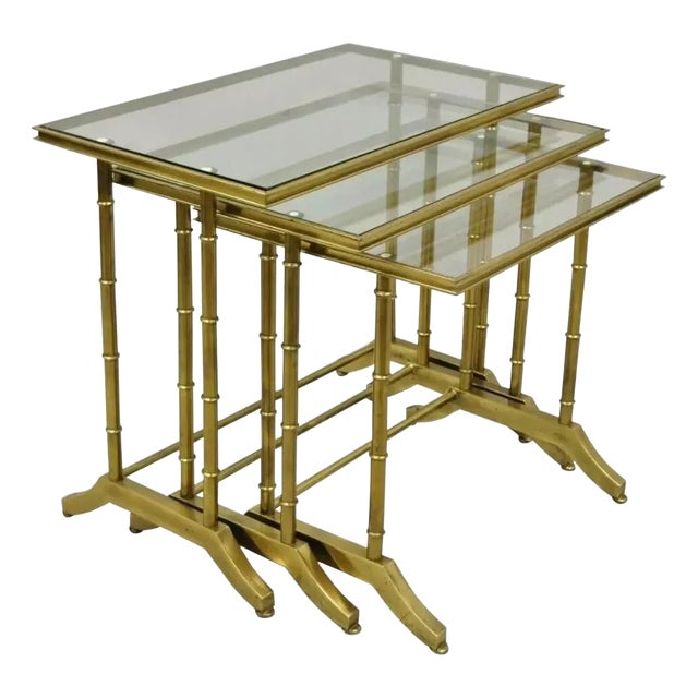 Hollywood Regency Brass Faux Bamboo Glass Top Nesting Side Tables Styled After Mastercraft - Set of 3 For Sale