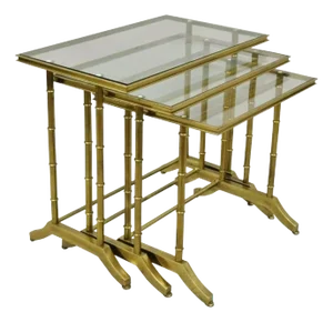 Hollywood Regency Brass Faux Bamboo Glass Top Nesting Side Tables Styled After Mastercraft - Set of 3