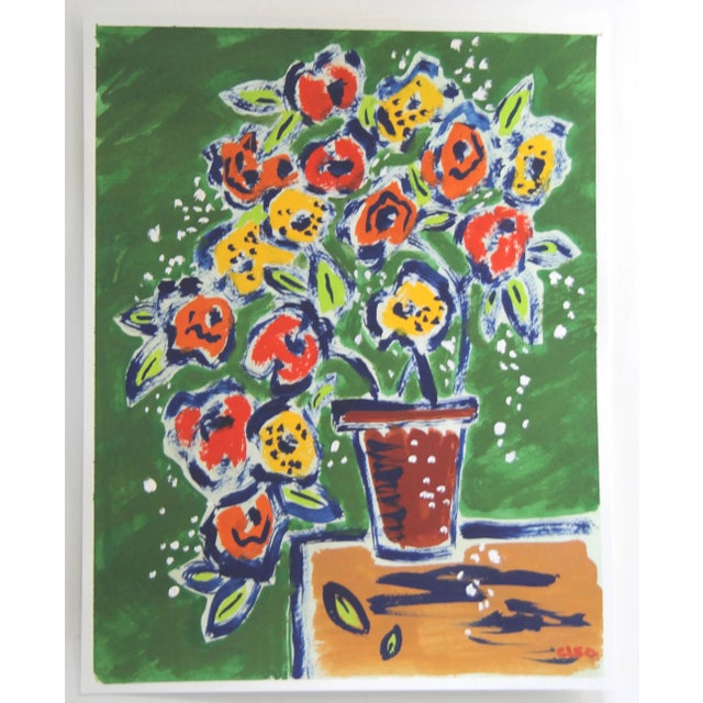 Abstract Impressionist Floral Abstract Still Life Interior Green, Yellow, Navy Blue Original Painting by Cleo Plowden For Sale - Image 3 of 3