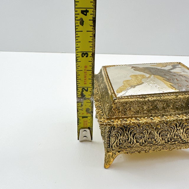 Vintage Japanese Chokin Jewelry Box, Peacock Trinket Box, Gilded Metal Keepsake Box, Made in Japan, Gold Tone Vanity Decor For Sale - Image 10 of 12