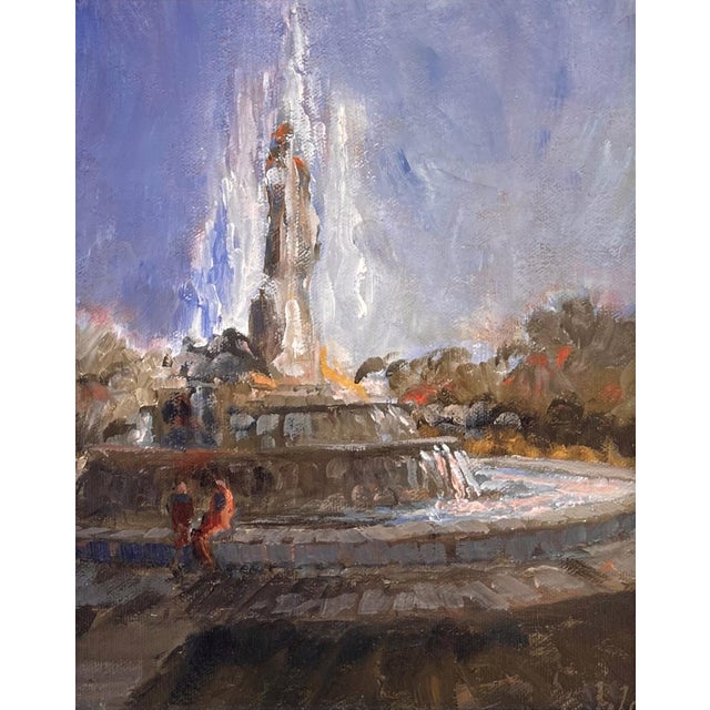 City Park by Norman Cable | Oil on canvas panel Fountain in a park with trees and people nearby. For Sale