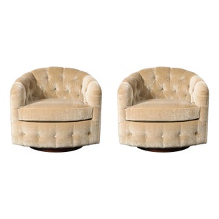 Pair of Mid-Century Biscuit Tufted Mohair Swivel Chairs Signed Milo Baughman For Sale