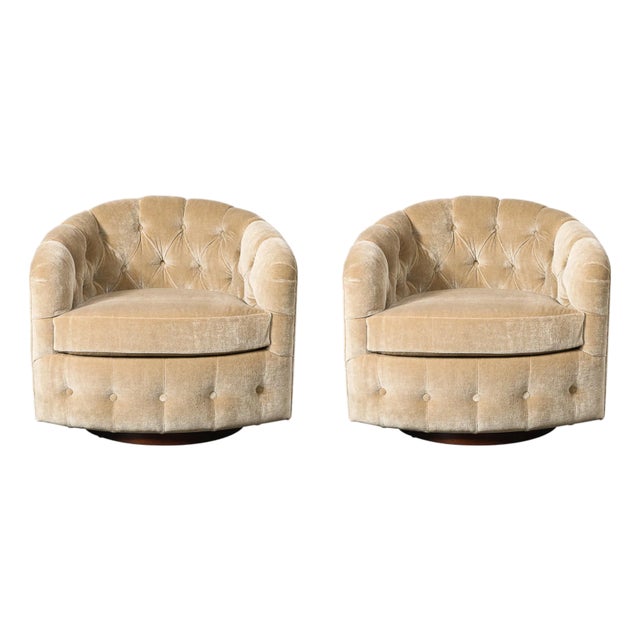 Pair of Mid-Century Biscuit Tufted Mohair Swivel Chairs Signed Milo Baughman For Sale