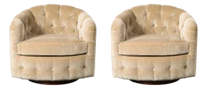 Pair of Mid-Century Biscuit Tufted Mohair Swivel Chairs Signed Milo Baughman