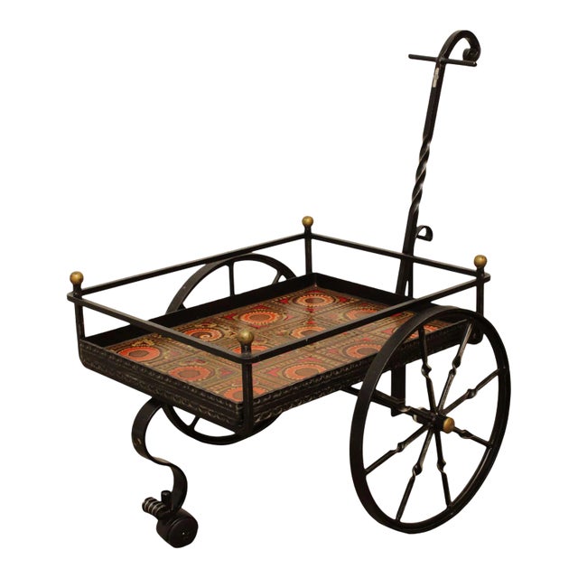 Custom Forged Iron Cart with Art Tiles For Sale