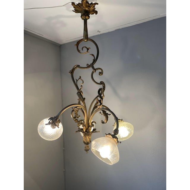 Art Nouveau Golden Chandelier with Frosted Glass Shades For Sale - Image 5 of 18