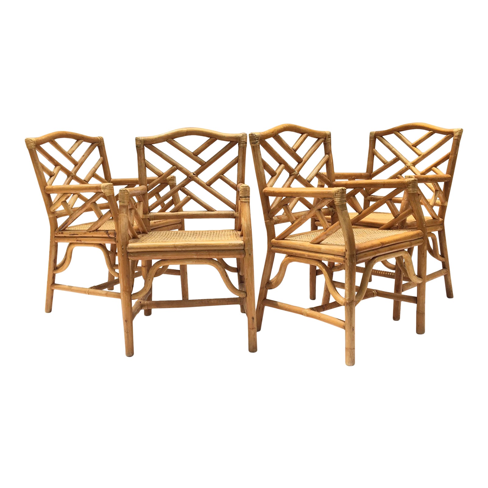 Chinese Chippendale McGuire Style Rattan Bamboo Arm Dining Chairs Set