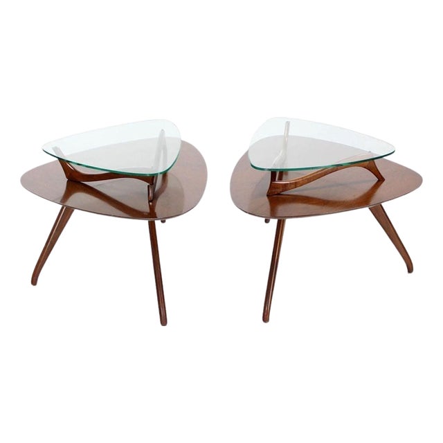Pair of Organic Shape Rounded Triangle End Tables with floating Glass Tops MINT For Sale