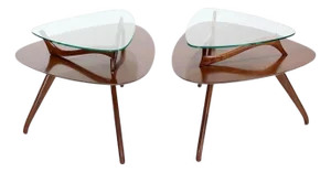 Pair of Organic Shape Rounded Triangle End Tables with floating Glass Tops MINT