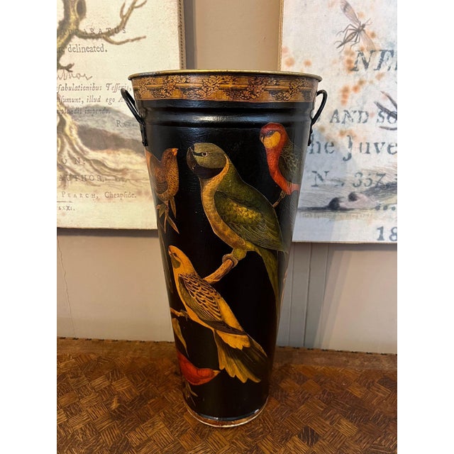 Cabin Vintage English Planter Jardiniere Urn Bird Decoupage Black Tole Aviary Décor For Sale - Image 3 of 18