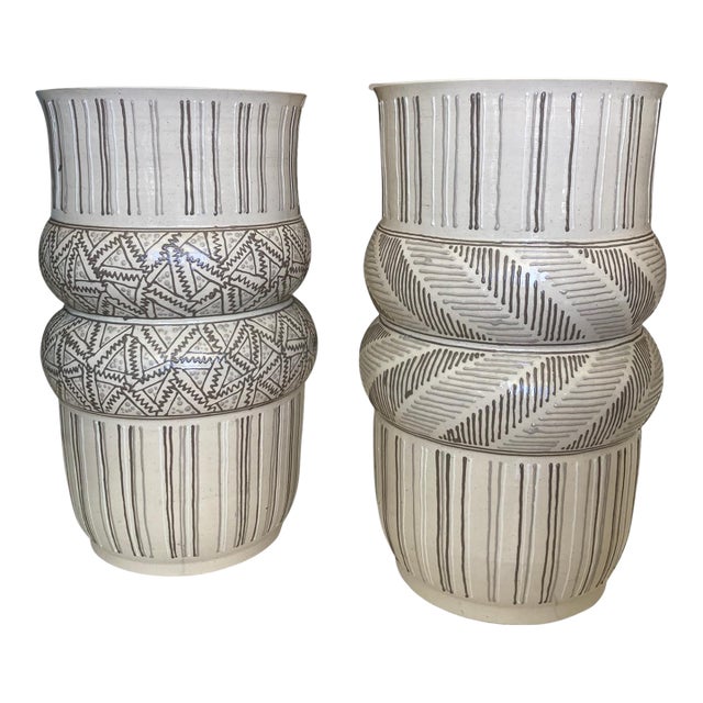 Monumental Roy Hamilton Double Cuff Vases in Taupe, Gray and White , Set of 2 For Sale