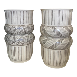 Monumental Roy Hamilton Double Cuff Vases in Taupe, Gray and White , Set of 2