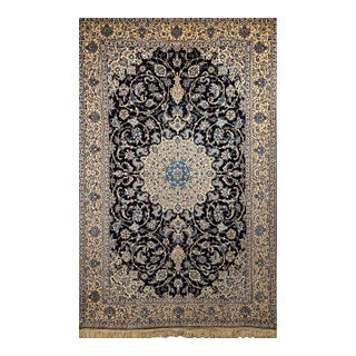 Vintage Fine Persian Nain Habibian Area Rug, Hand-Knotted Wool & Silk, Floral Pattern, 5x8, Navy & Ivory For Sale