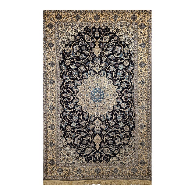 Vintage Fine Persian Nain Habibian Area Rug, Hand-Knotted Wool & Silk, Floral Pattern, 5x8, Navy & Ivory For Sale