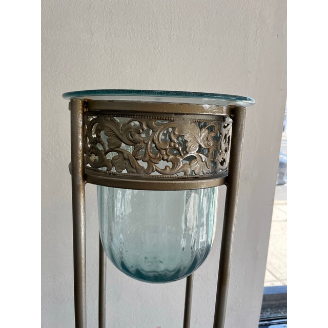 Pair of Mexican Aqua Blown Glass Vessels on Decorative Tole Metal Plant Stands For Sale - Image 10 of 10