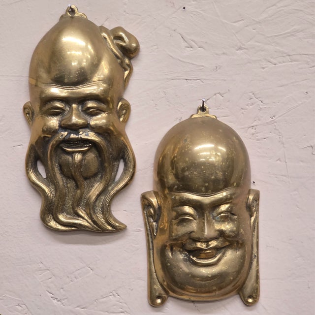 Metal Vintage Brass Wall Masks, Chinoiserie Wall Plaques — Set of 2 For Sale - Image 7 of 10