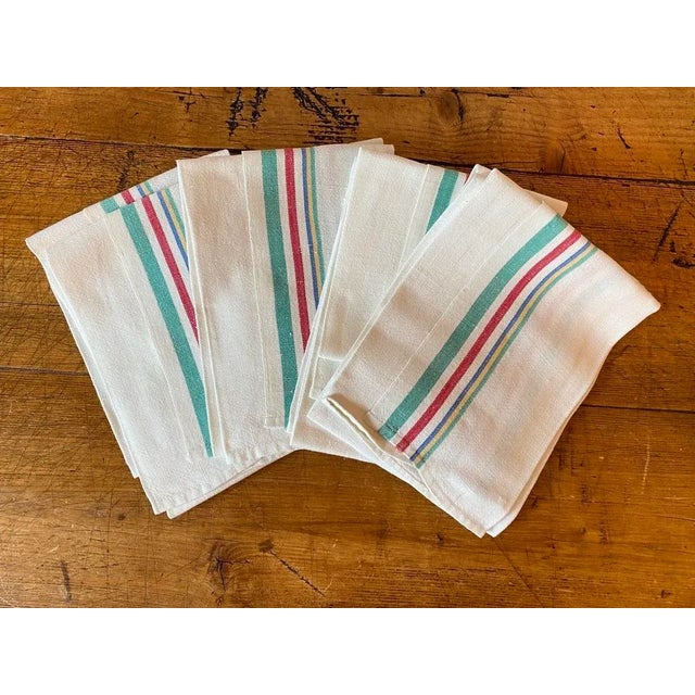 Vintage Linen Multi-Color Striped Tea or Drying Towels, Set of 4, Green, Red, Blue & Yellow Stripes. Hand hemmed....
