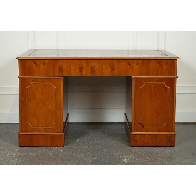 Vintage Yew Twin Pedestal Desk with Burgundy Leather Top For Sale - Image 11 of 17