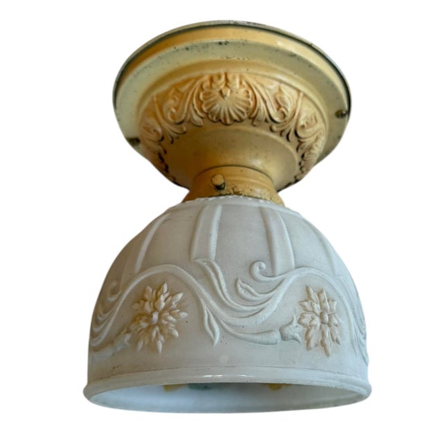 White Handpainted Botanical Embossed Ceiling Light Fixture Circa 1920’s For Sale - Image 8 of 8