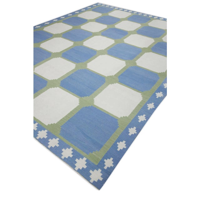 Not Yet Made - Made To Order Blue and Green Geometric Design Handmade Modern Kilim Rug 6' X 9' For Sale - Image 5 of 8