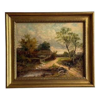 19th Century Original British Oil Painting, Geese/Ducks by a Cottage Pond, Joseph Thors For Sale