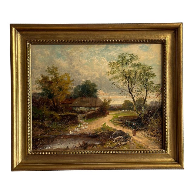 19th Century Original British Oil Painting, Geese/Ducks by a Cottage Pond, Joseph Thors For Sale