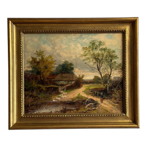 19th Century Original British Oil Painting, Geese/Ducks by a Cottage Pond, Joseph Thors
