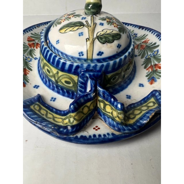 French Country Antique Quimper Hat Shaped Inkwell, French Faience For Sale - Image 3 of 7