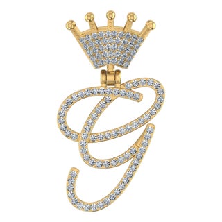 10K Yellow Gold Round Diamond Crown G Letter Initial Pendant 1/5 Cttw For Sale
