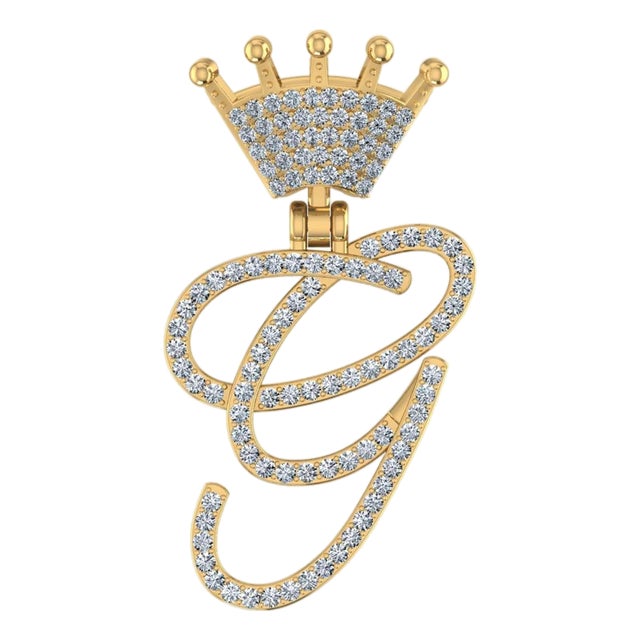 10K Yellow Gold Round Diamond Crown G Letter Initial Pendant 1/5 Cttw For Sale
