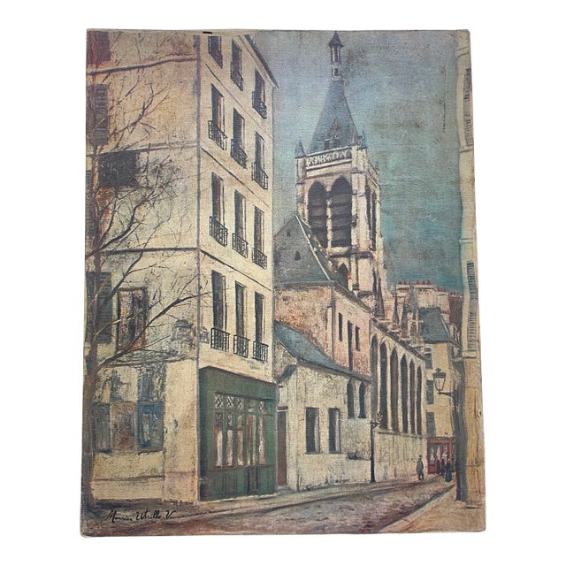 Mid Century Paris Street Scene Canvas | After Maurice Utrillo | Vintage French Wall Art | European Cityscape Décor | 1950s For Sale
