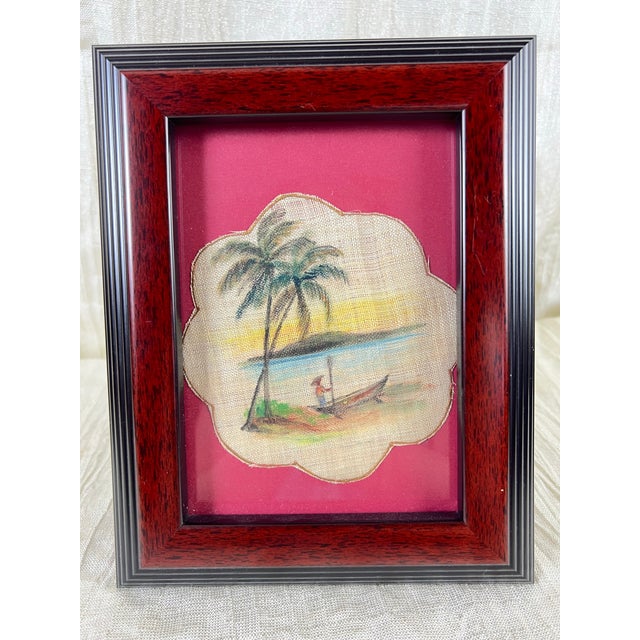 Folk Art Vintage Tropical Burlap Folk Art Gallery Wall, Set of Six Framed Hand-Painted Village Scenes For Sale - Image 3 of 12
